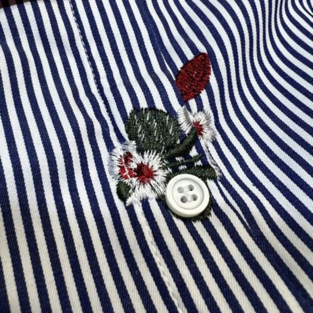 Esqualo Blue White Striped Off-Shoulder Shirt Dress Floral Women's 8 - Picture 4 of 9